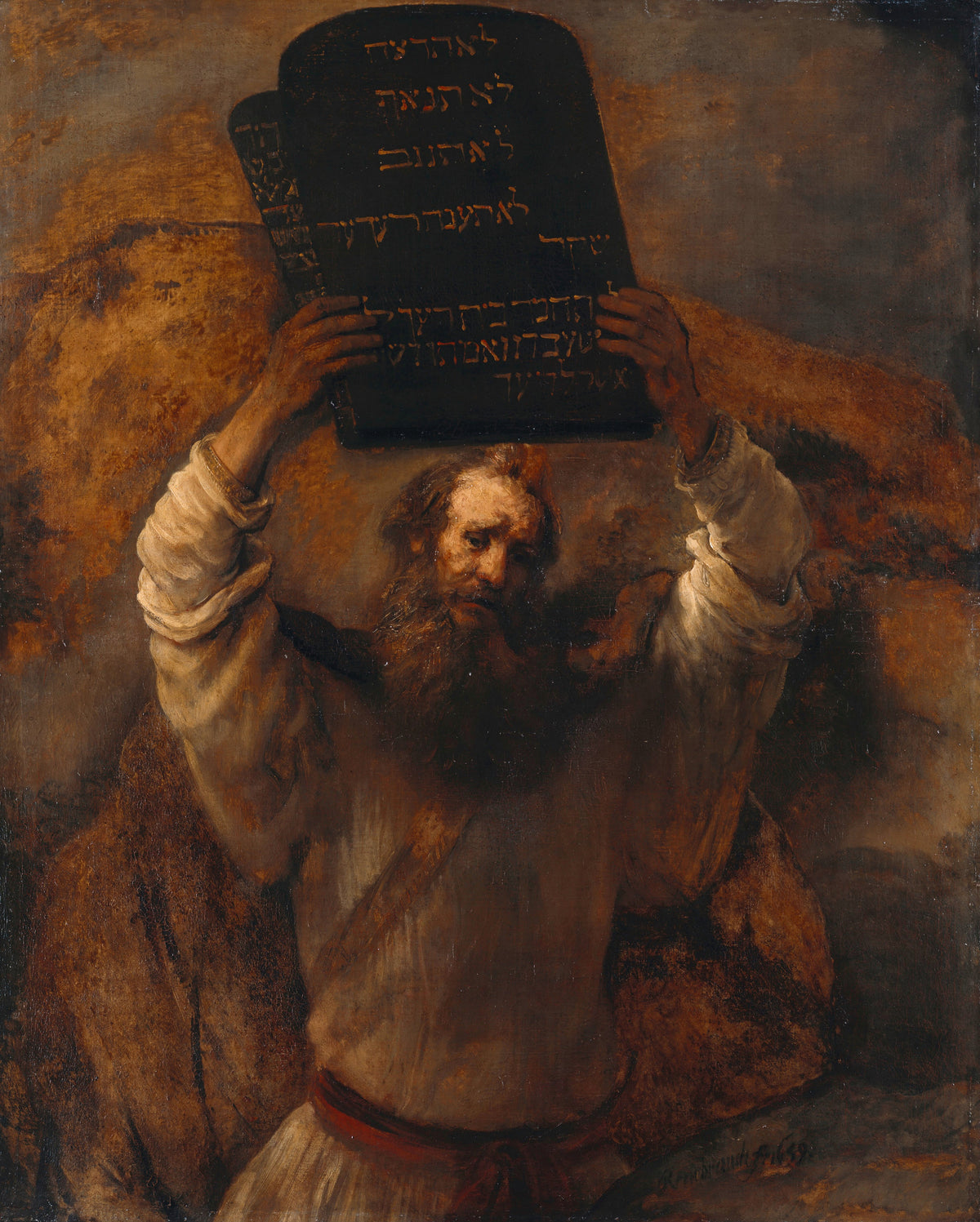Moses with the Tablets of the Law by Rembrandt van Rijn — Moses raises the stone tablets of the law high above his head