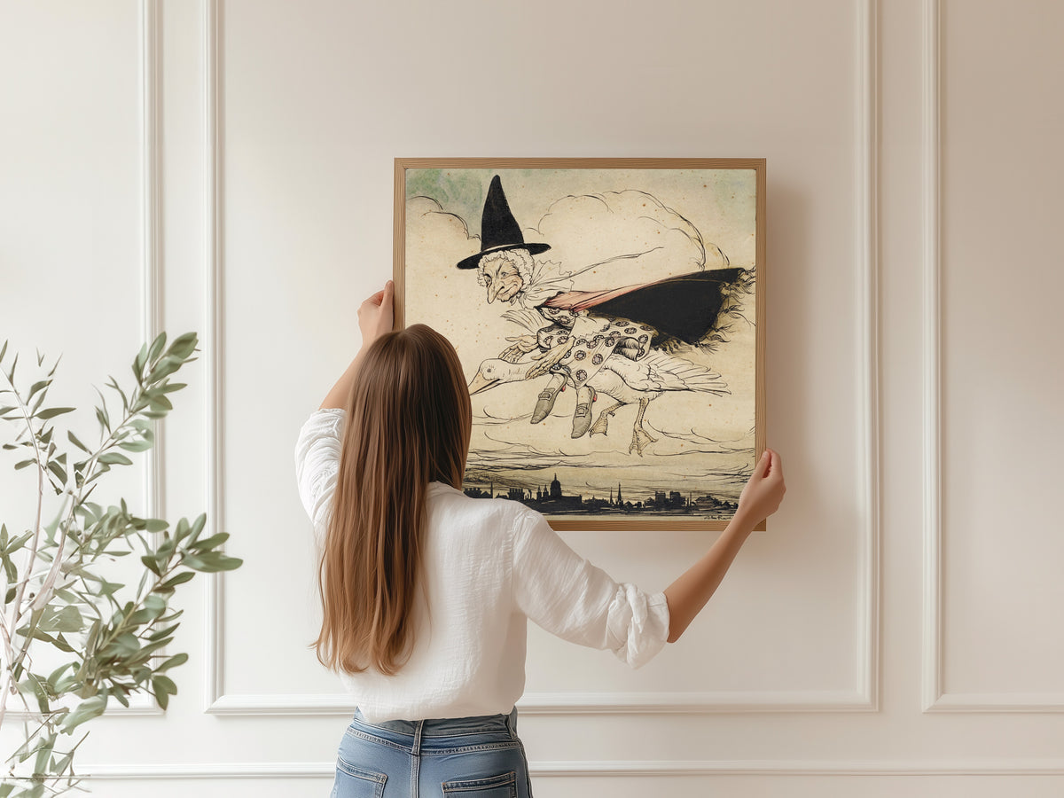 Arthur Rackham — Mother Goose Riding the Gander | Fairy Tale Illustration Print