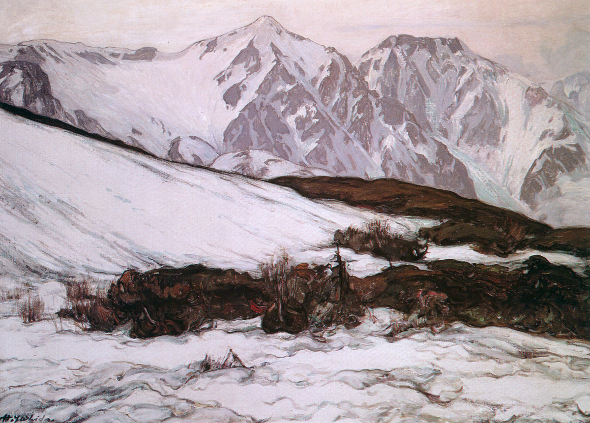 Mount Hakubayari by Hiroshi Yoshida — Snow peaks above a snowfield streaked with dark earth