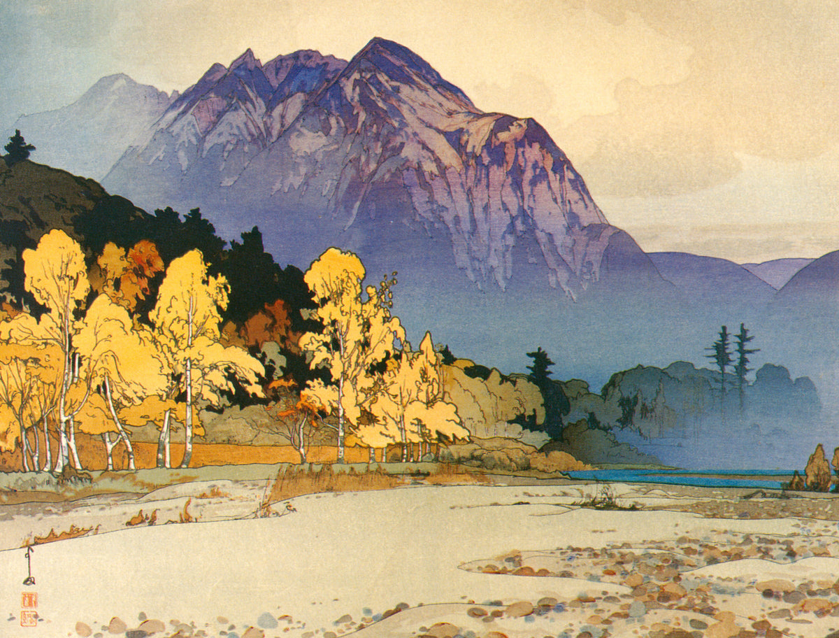Mount Hodaka after Rain by Hiroshi Yoshida — A violet peak above golden birches and a pale river bed