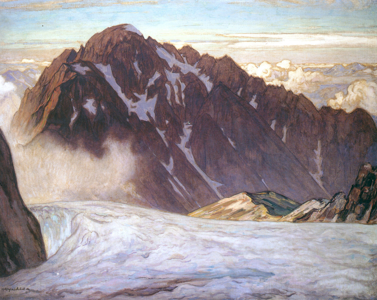 Mount Tsurugi by Hiroshi Yoshida — A dark peak rises above a pale lilac expanse