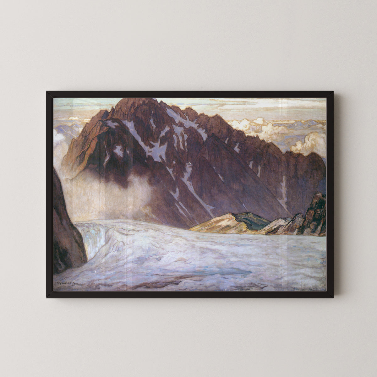Framed art print of Mount Tsurugi by Hiroshi Yoshida, in a black frame on a pale wall
