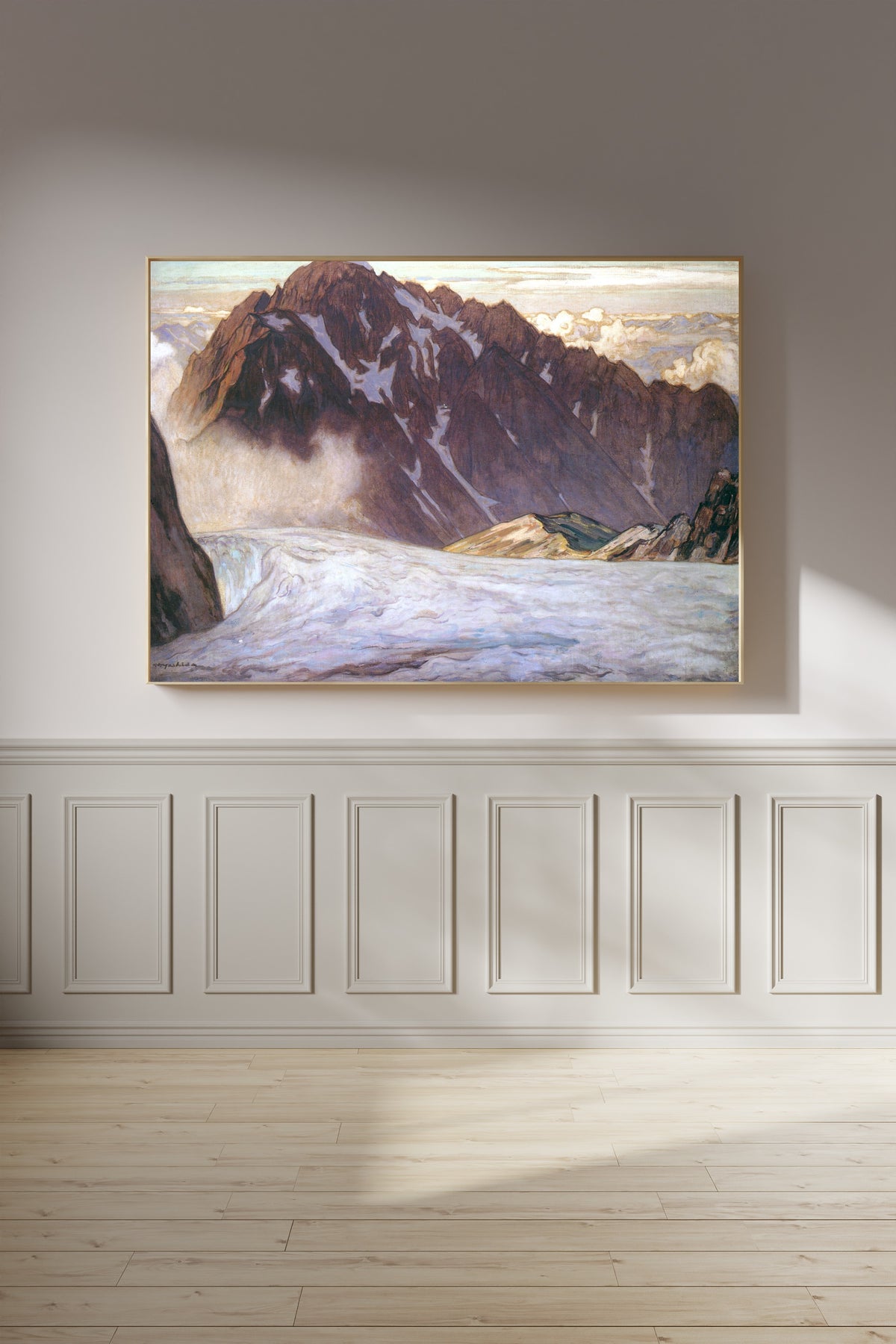 Framed art print of Mount Tsurugi by Hiroshi Yoshida, on a panelled wall in afternoon light