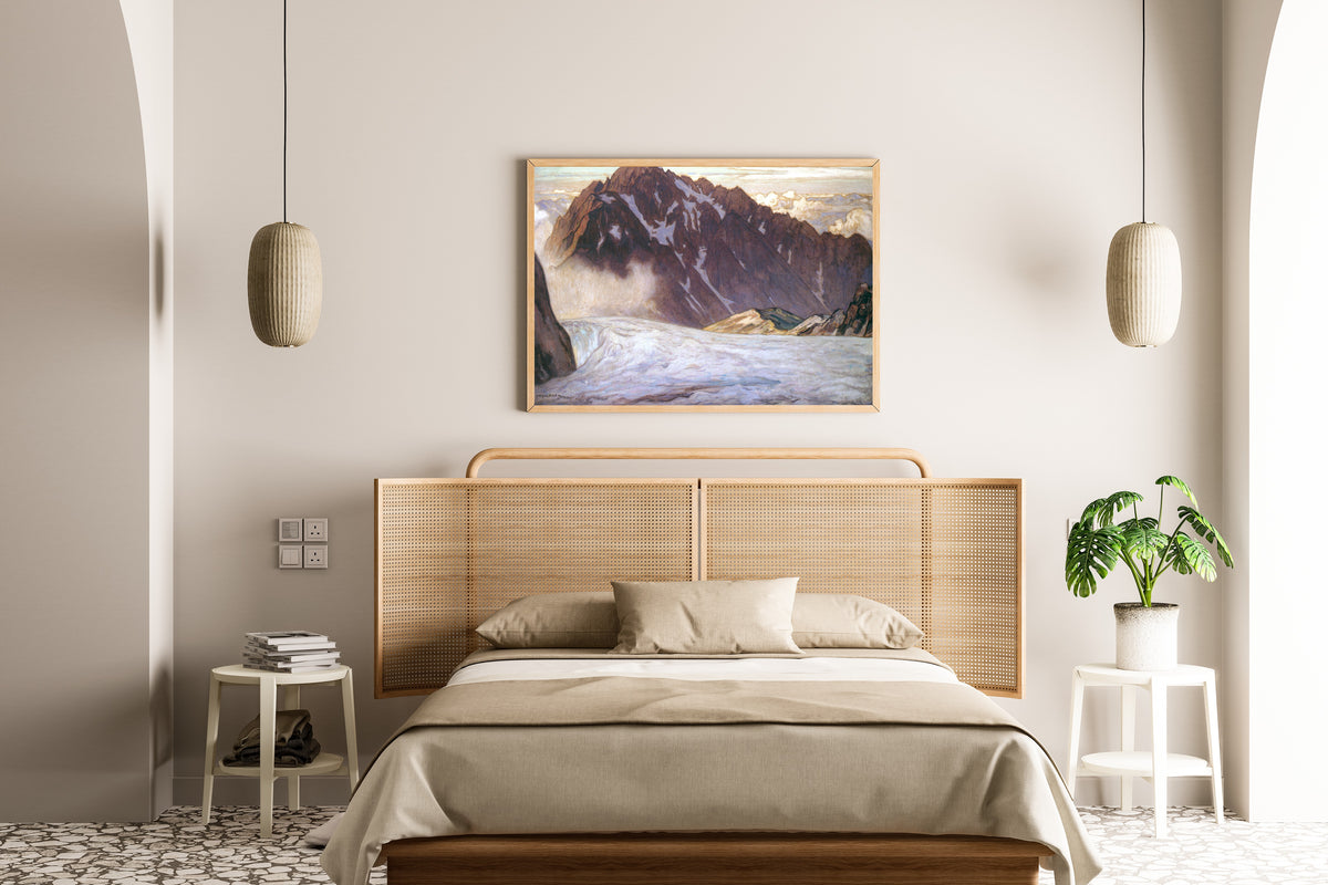 Framed art print of Mount Tsurugi by Hiroshi Yoshida, above a cane-headboard bed