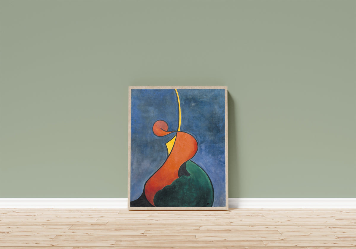 Framed art print of Mouvement héroïque by Theo van Doesburg, in a light wood frame leaning on a sage green wall above a wooden floor