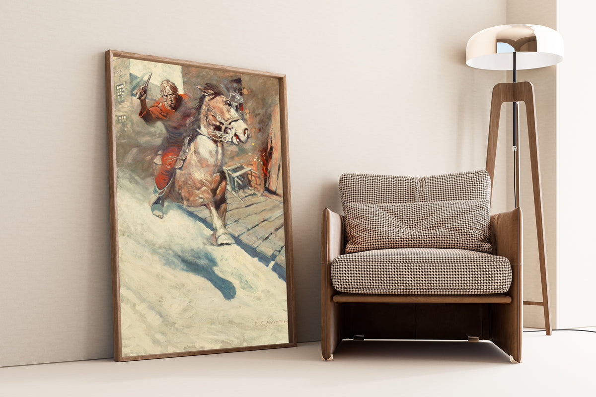 N. C. Wyeth — Mr. Cassidy … saw a crimson rider sweep down upon him … heralded by a blazing .41 | Illustration Art Print