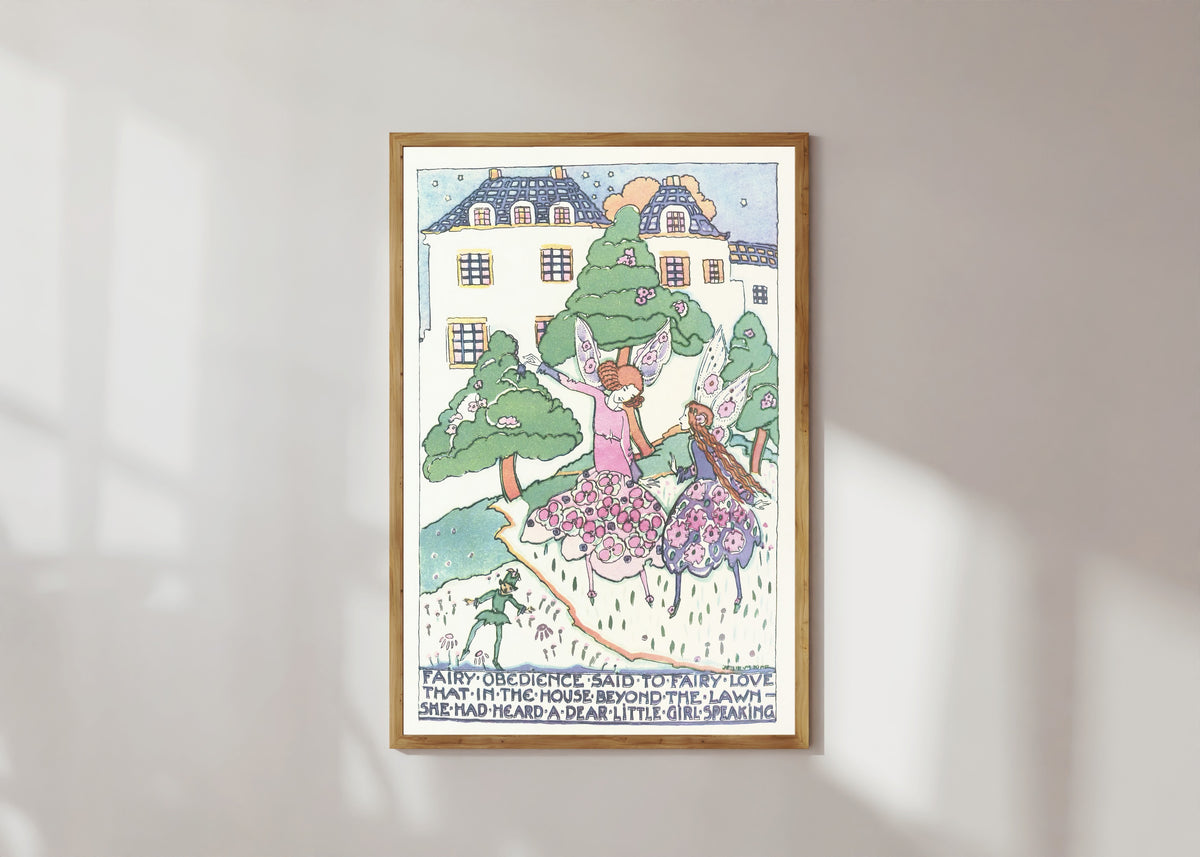Framed art print of Mummy's Bedtime Story Book: Fairy Obedience Said to Fairy Love That in the… by Jessie M. King, in a light wood frame on a sunlit white wall