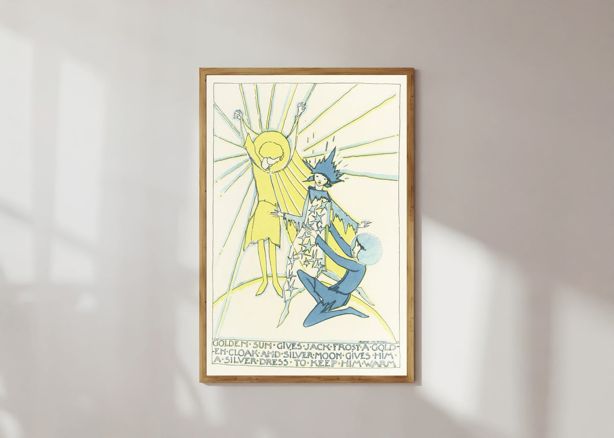Framed art print of Mummy's Bedtime Story Book: Golden Sun Gives Jack Frost a Golden Cloak and… by Jessie M. King, in a light wood frame on a sunlit white wall