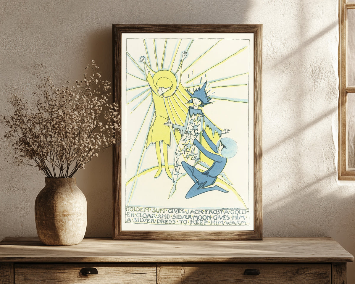 Framed art print of Mummy's Bedtime Story Book: Golden Sun Gives Jack… by Jessie M. King, in a dark wood frame leaning on a rustic console beside dried flowers