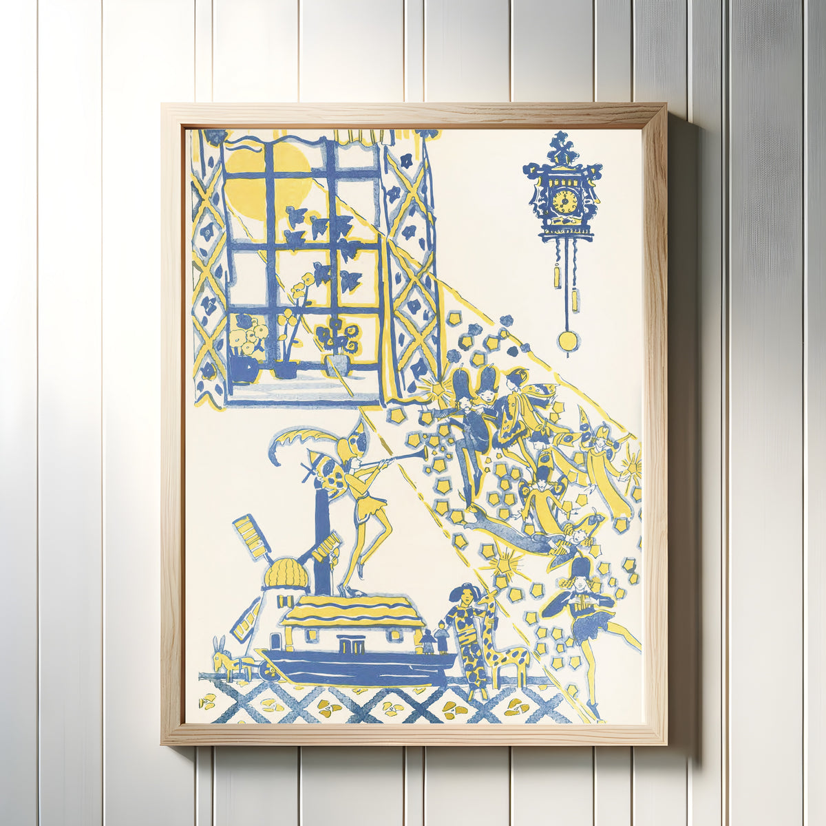 Framed art print of Mummy's Bedtime Story Book: Plate 13 by Jessie M. King, in a light wood frame on a white panelled wall