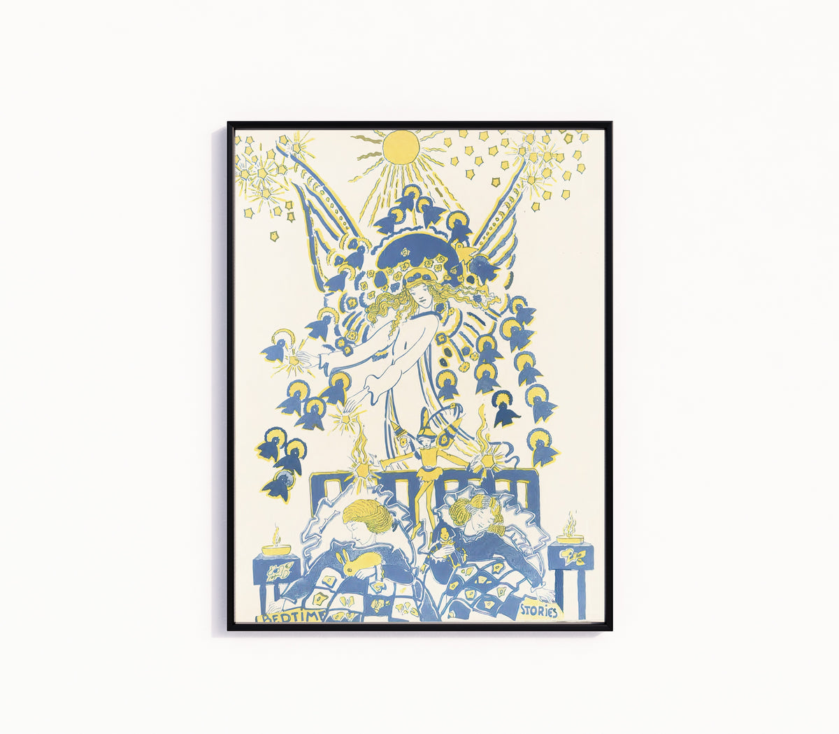 Framed art print of Mummy's Bedtime Story Book: Plate 14 by Jessie M. King, in a slim black frame on a plain white wall