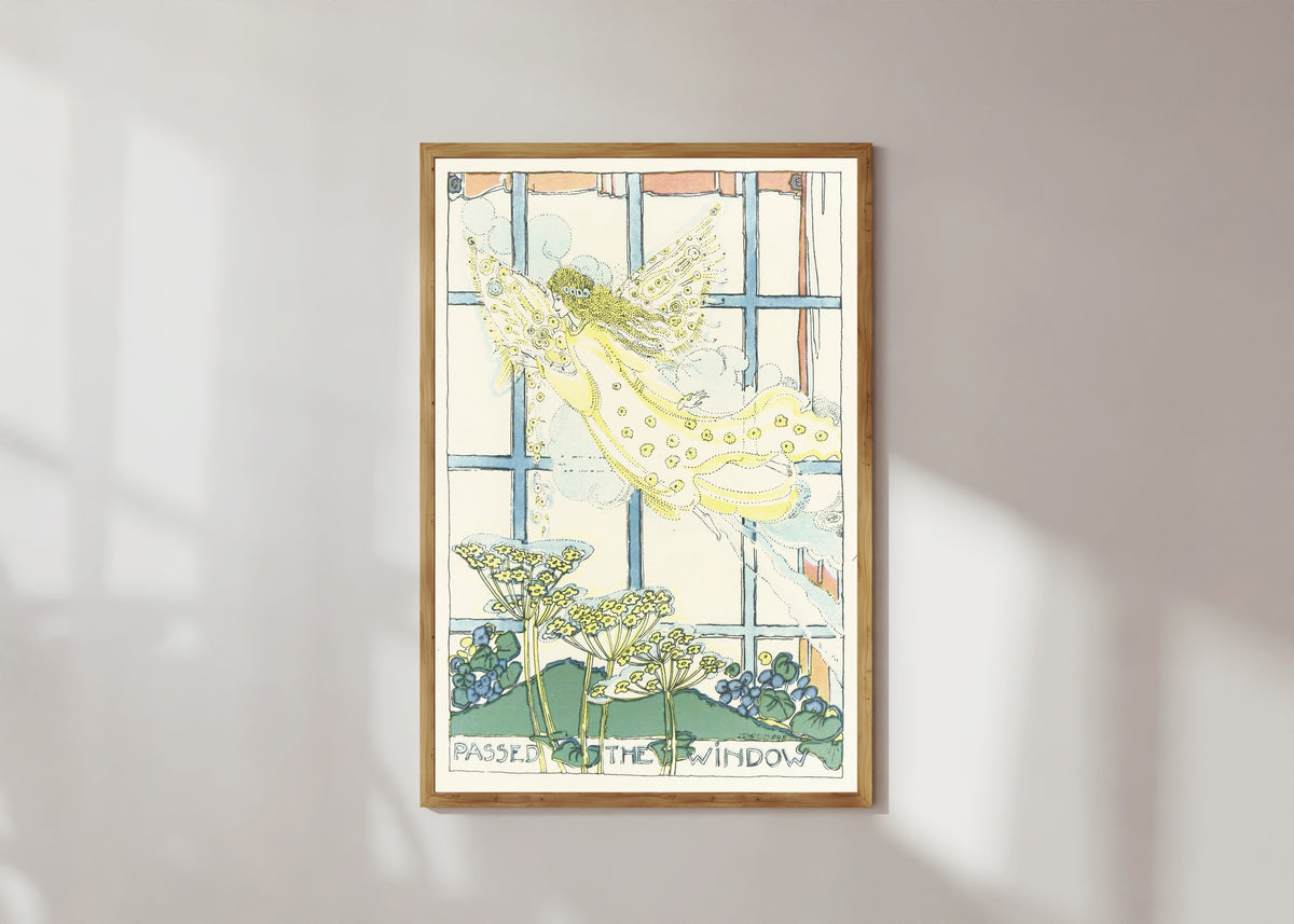 Framed art print of Mummy's Bedtime Story Book: Plate 6 by Jessie M. King, in a light wood frame on a sunlit white wall