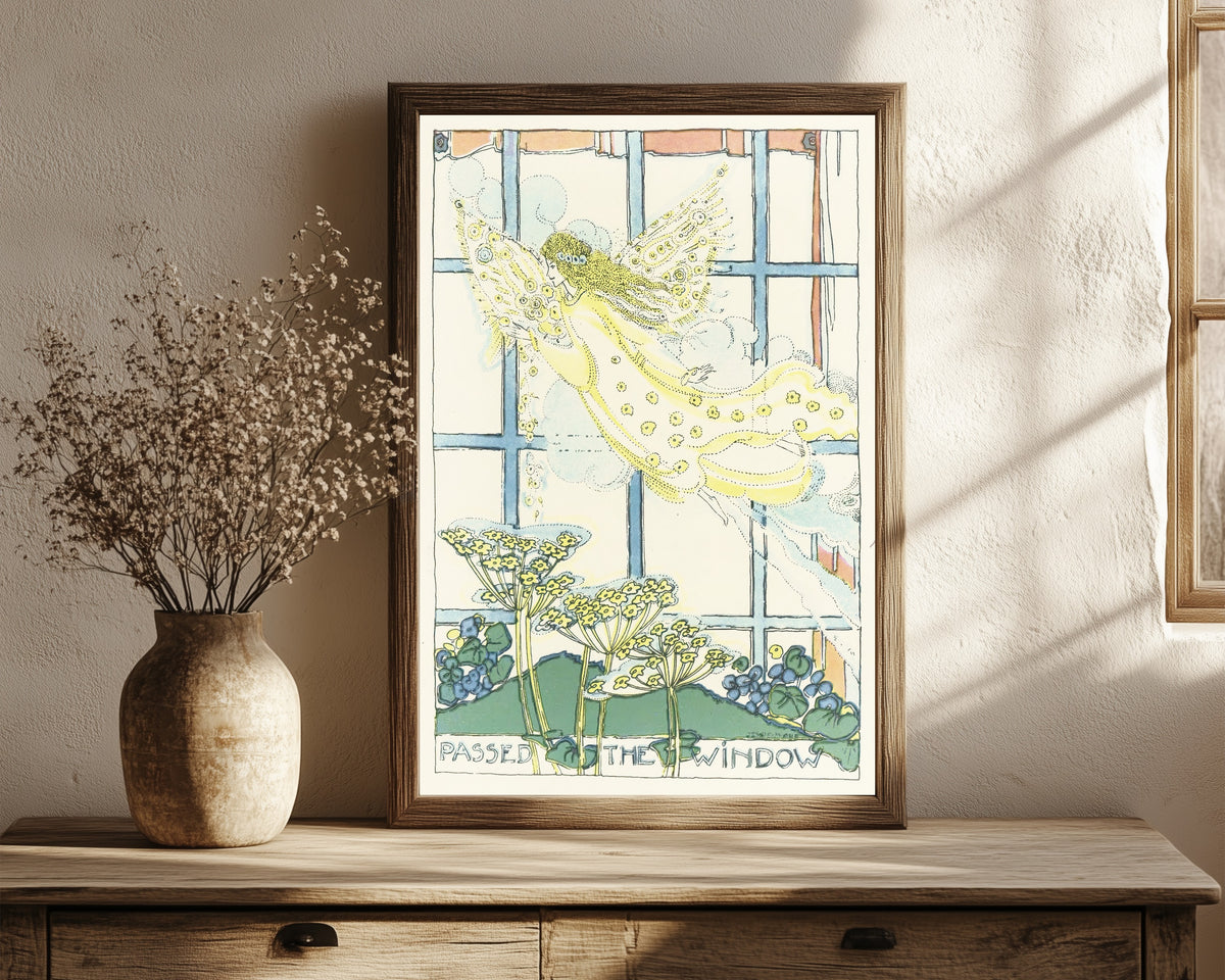 Framed art print of Mummy's Bedtime Story Book: Plate 6 by Jessie M. King, in a dark wood frame leaning on a rustic console beside dried flowers