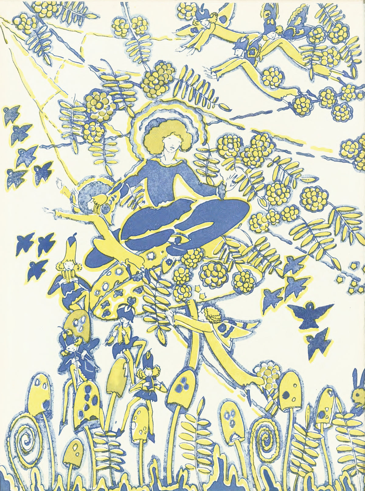 Mummy's Bedtime Story Book: Plate 7 by Jessie M. King — A haloed figure sits among berry sprays as piping fairies drift past