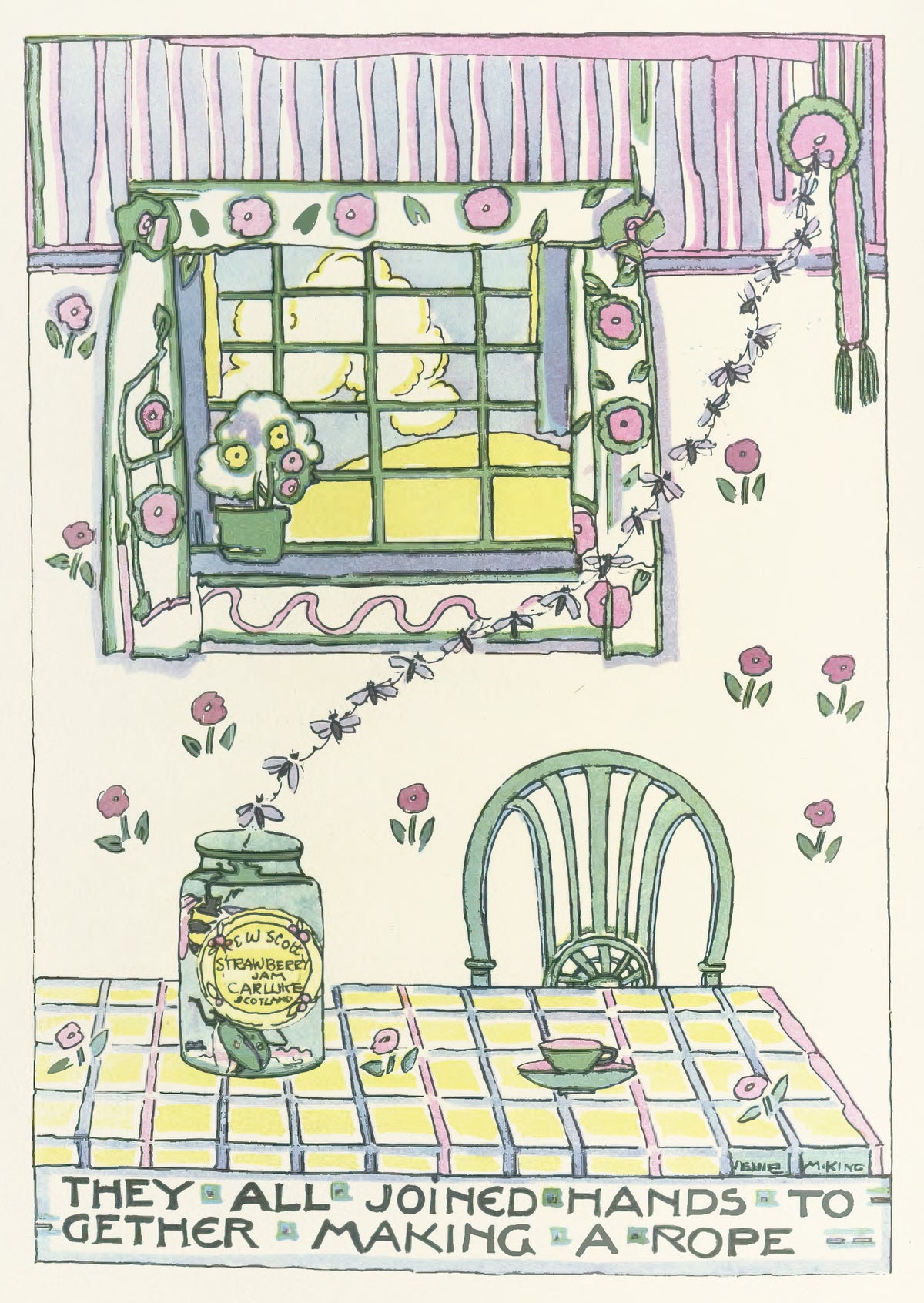 Mummy's Bedtime Story Book: They All Joined Hands Together Making a Rope by Jessie M. King — A chain of tiny flies climbs from a jam jar to a curtain tassel