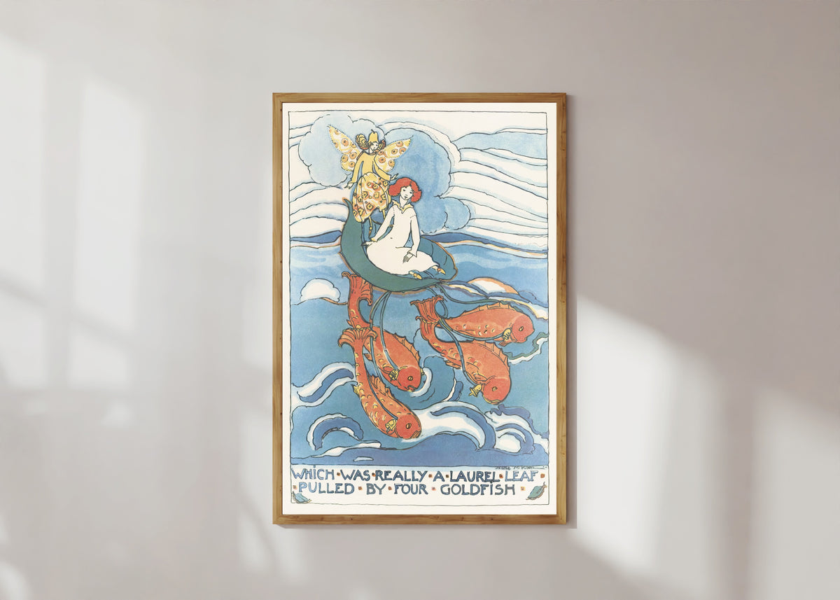 Framed art print of Mummy's Bedtime Story Book: Which Was Really a Laurel Leaf Pulled by Four… by Jessie M. King, in a light wood frame on a sunlit white wall