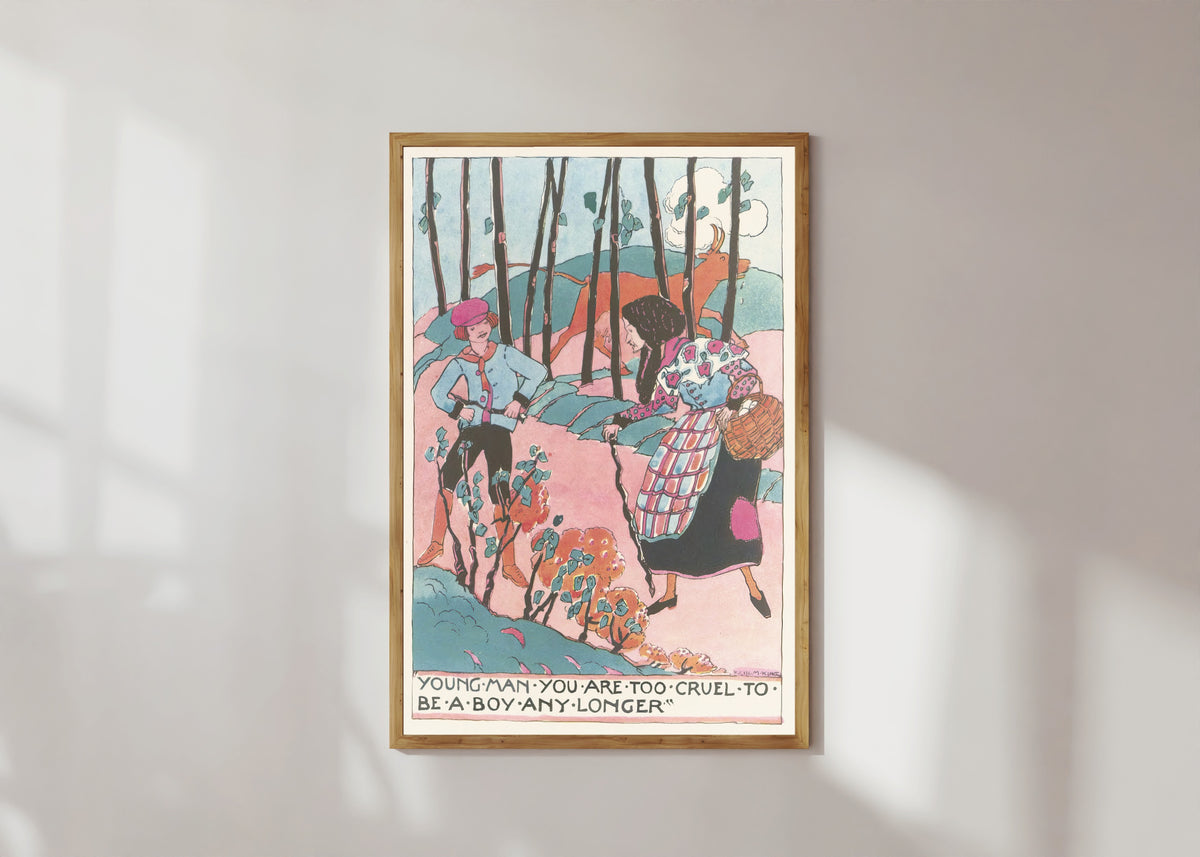 Framed art print of Mummy's Bedtime Story Book: Young Man You Are Too Cruel to Be a Boy Any… by Jessie M. King, in a light wood frame on a sunlit white wall