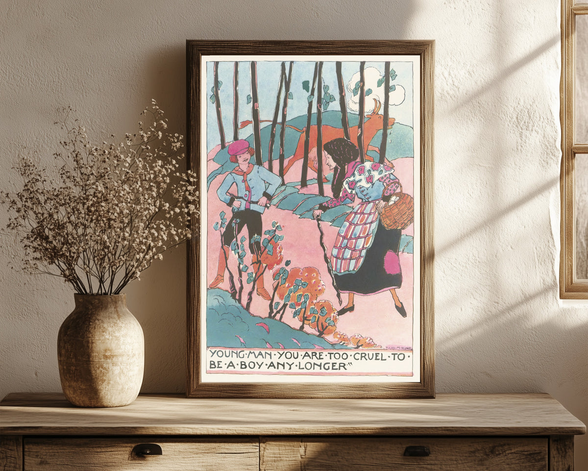 Framed art print of Mummy's Bedtime Story Book: Young Man You Are Too… by Jessie M. King, in a dark wood frame leaning on a rustic console beside dried flowers
