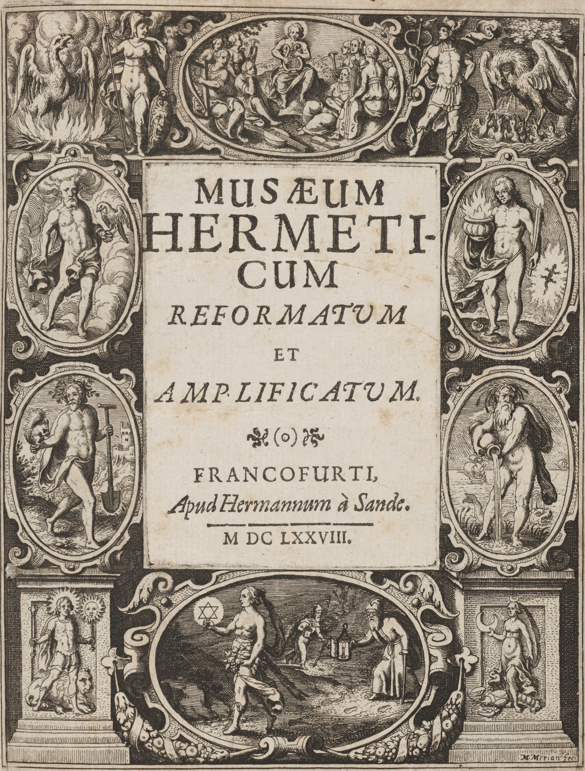 Musaeum Hermeticum: Engraved Title Page by Matthäus Merian — A title page ringed by gods, a phoenix and alchemical figures