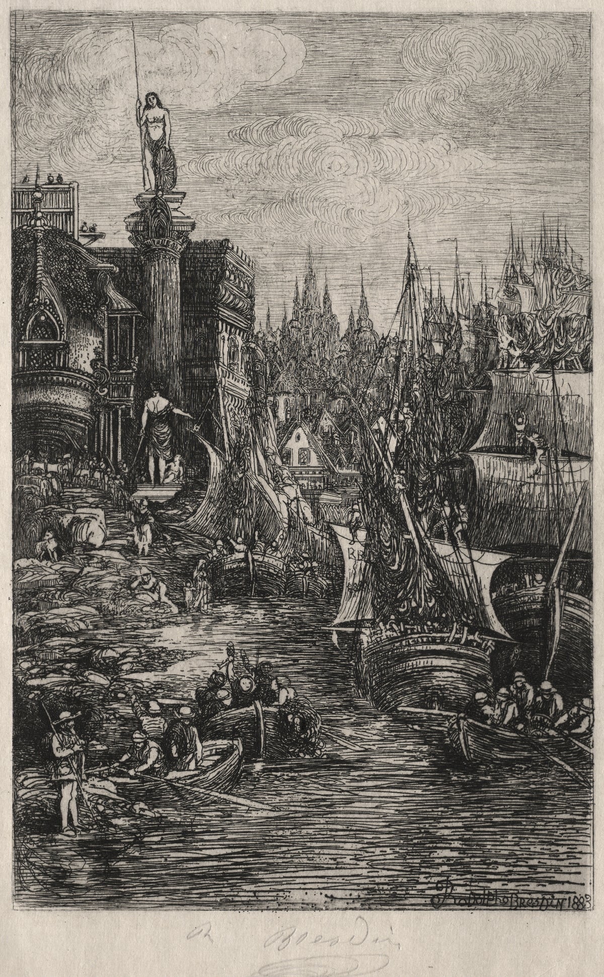 My Dream by Rodolphe Bresdin — Ships crowd a harbour beneath spires and a statue on a column