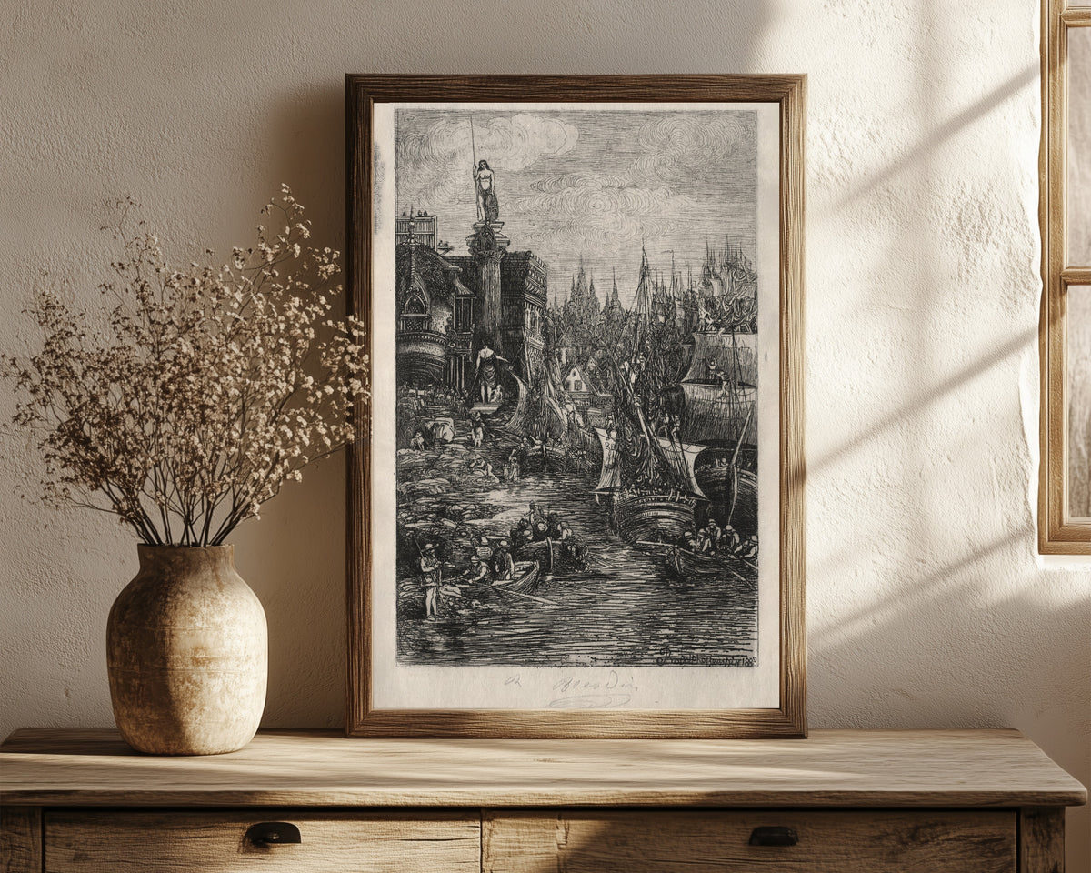 Framed art print of My Dream by Rodolphe Bresdin, in a dark wood frame leaning on a rustic console beside dried flowers