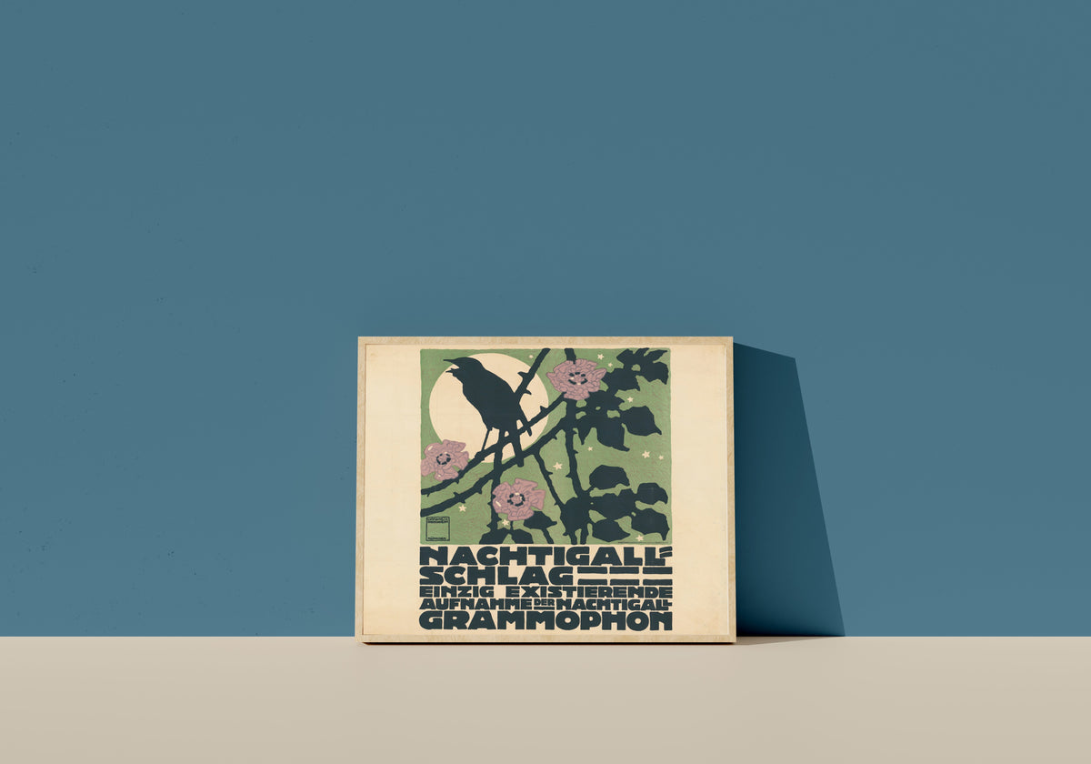 Framed art print of Nachtigallschlag: Einzig existierende Aufnahme der Nachtigall, Grammophon by Ludwig Hohlwein, in a light wood frame leaning on a blue wall