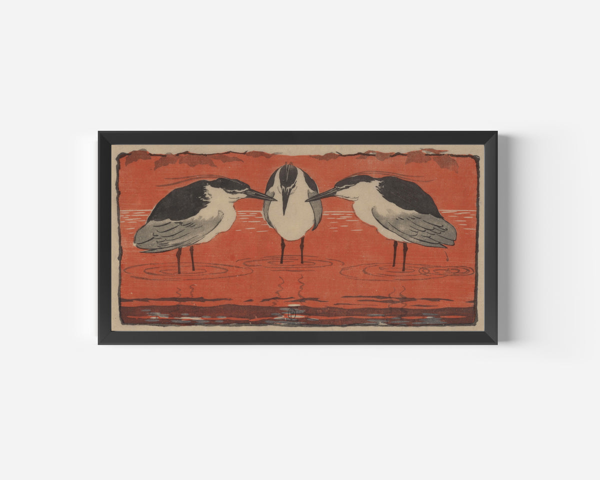 Framed art print of Nachtreiher (Drei Philosophen) by Otto Eckmann, in a wide black frame on a plain white wall