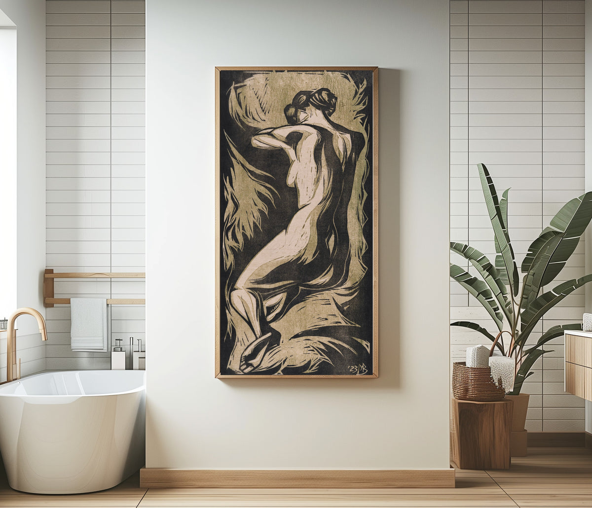 Naked Woman by Meijer Bleekrode — framed in a bathroom beside a freestanding tub