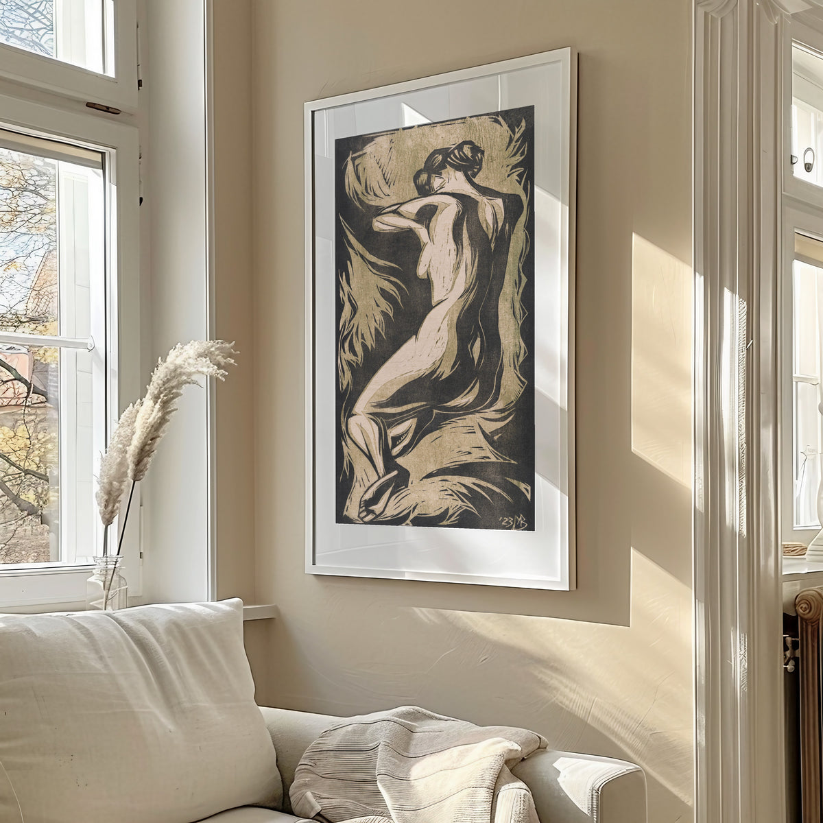 Naked Woman by Meijer Bleekrode — framed in a sunlit living room above a sofa