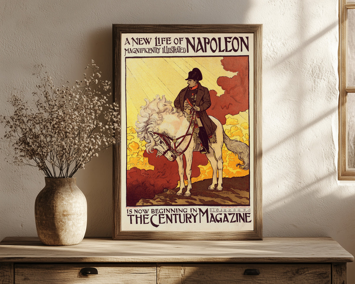 Framed art print of Napoléon by Eugène Grasset, in a dark wood frame leaning on a rustic console beside dried flowers