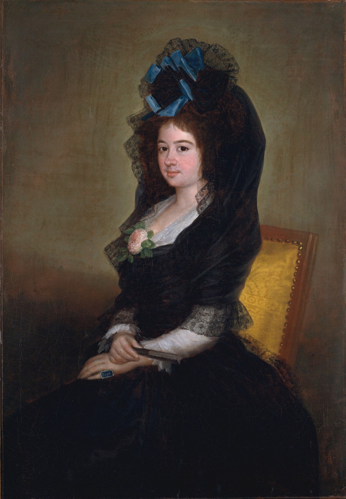 Narcisa Barañano Gayoso de Goicoechea by Francisco de Goya — A woman in a towering black lace mantilla with a blue bow