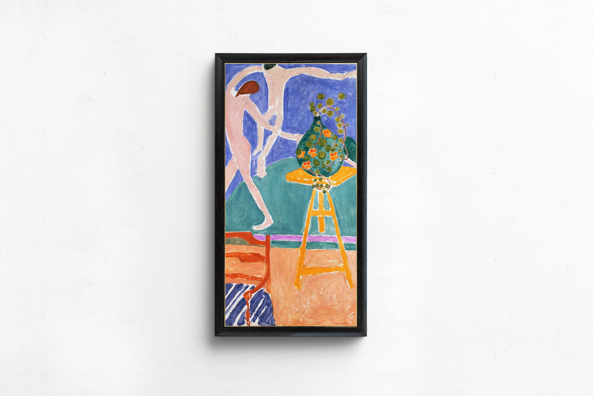 Framed art print of Nasturtiums with the Painting “Dance” (II) by Henri Matisse, in a slim black frame on a plain white wall