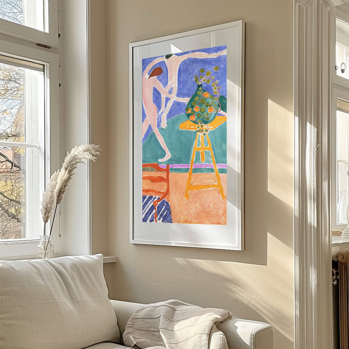 Framed art print of Nasturtiums with the Painting “Dance” (II) by Henri Matisse, in a sunlit living room above a sofa