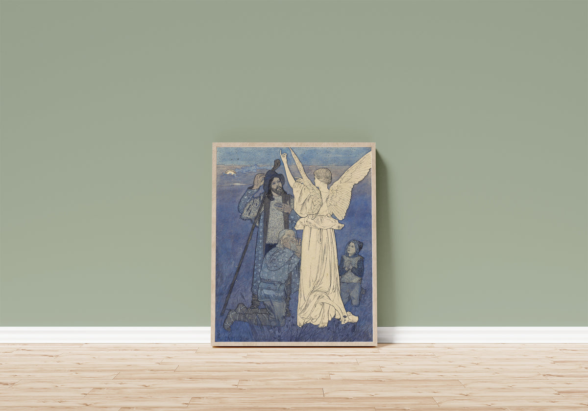 Framed art print of Natividade, Canto da Meia-Noite by Carlos Schwabe, in a light wood frame leaning on a sage green wall above a wooden floor