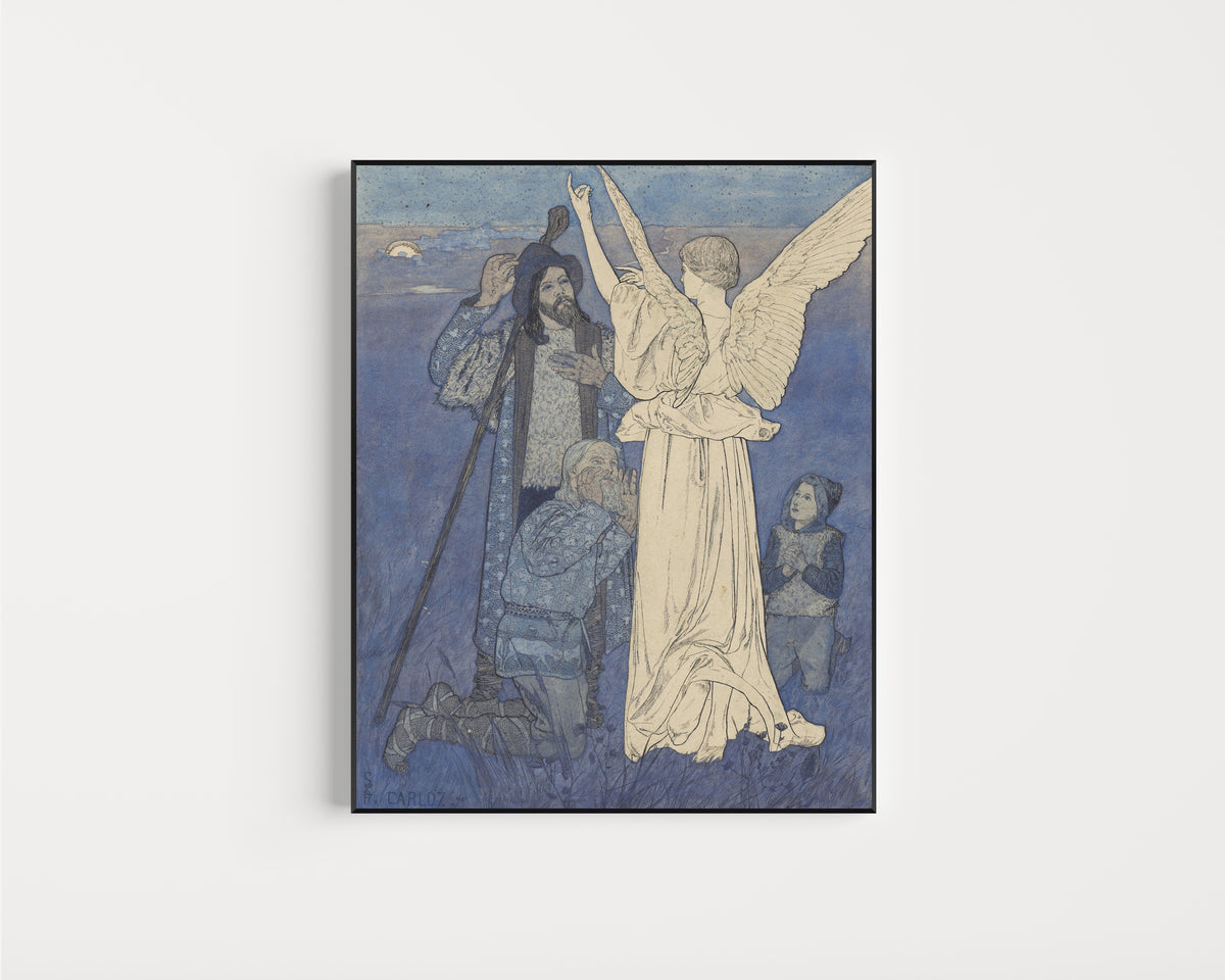 Framed art print of Natividade, Canto da Meia-Noite by Carlos Schwabe, in a slim black frame on a plain white wall
