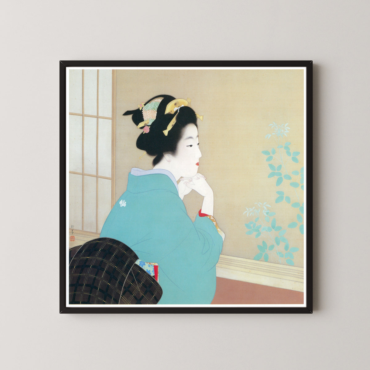 New Leaves by Uemura Shōen — shown framed on a wall