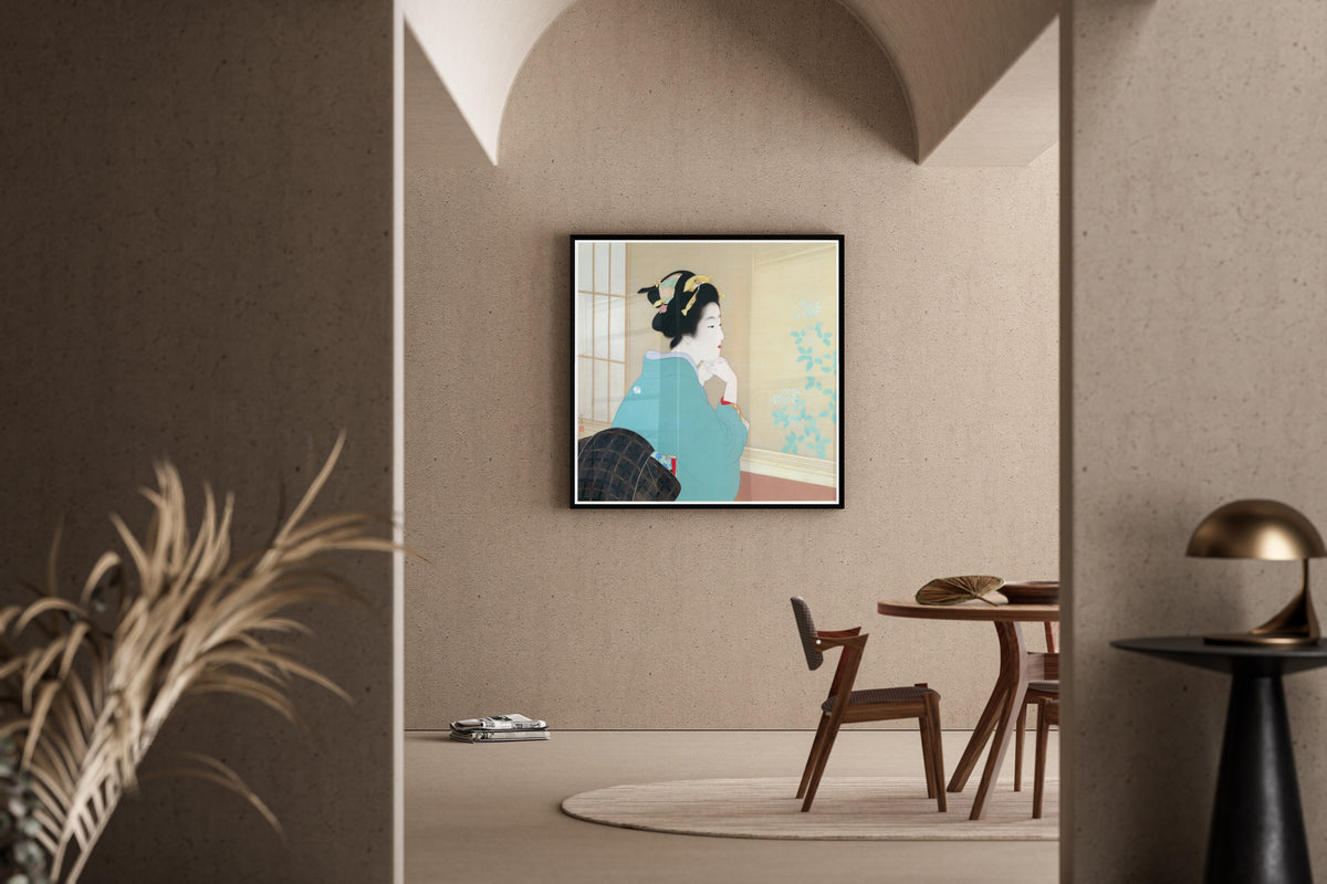 New Leaves by Uemura Shōen — shown framed on a wall
