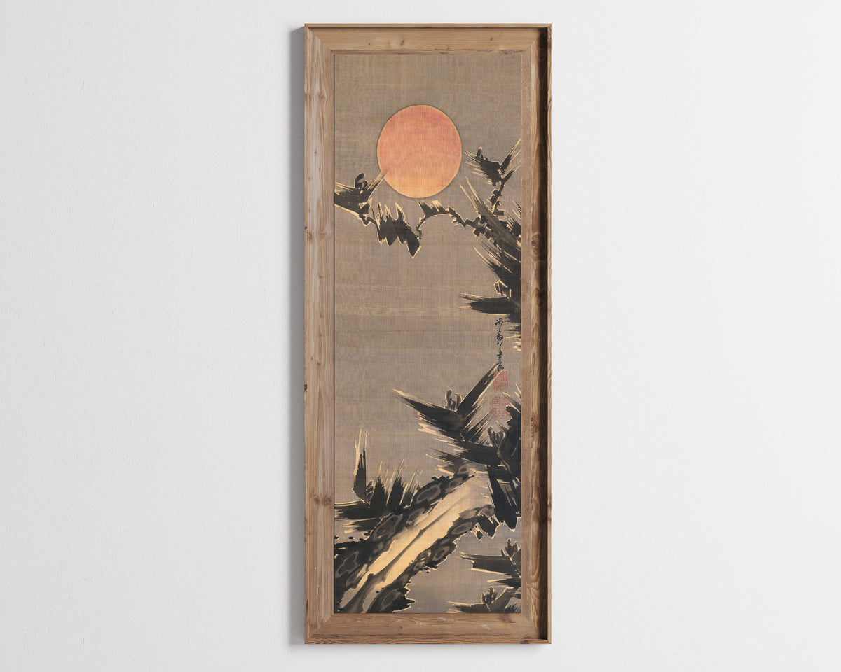 New Year's Sun and Old Pine Tree by Itō Jakuchū — in a tall wooden frame on a pale wall