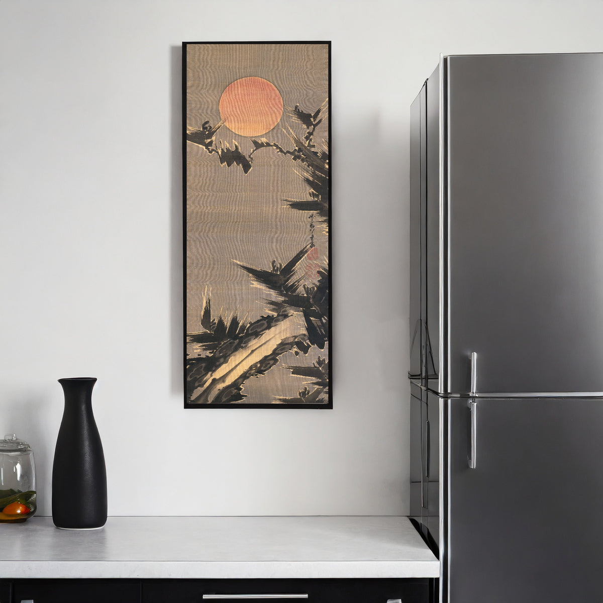 New Year's Sun and Old Pine Tree by Itō Jakuchū — framed on a kitchen wall