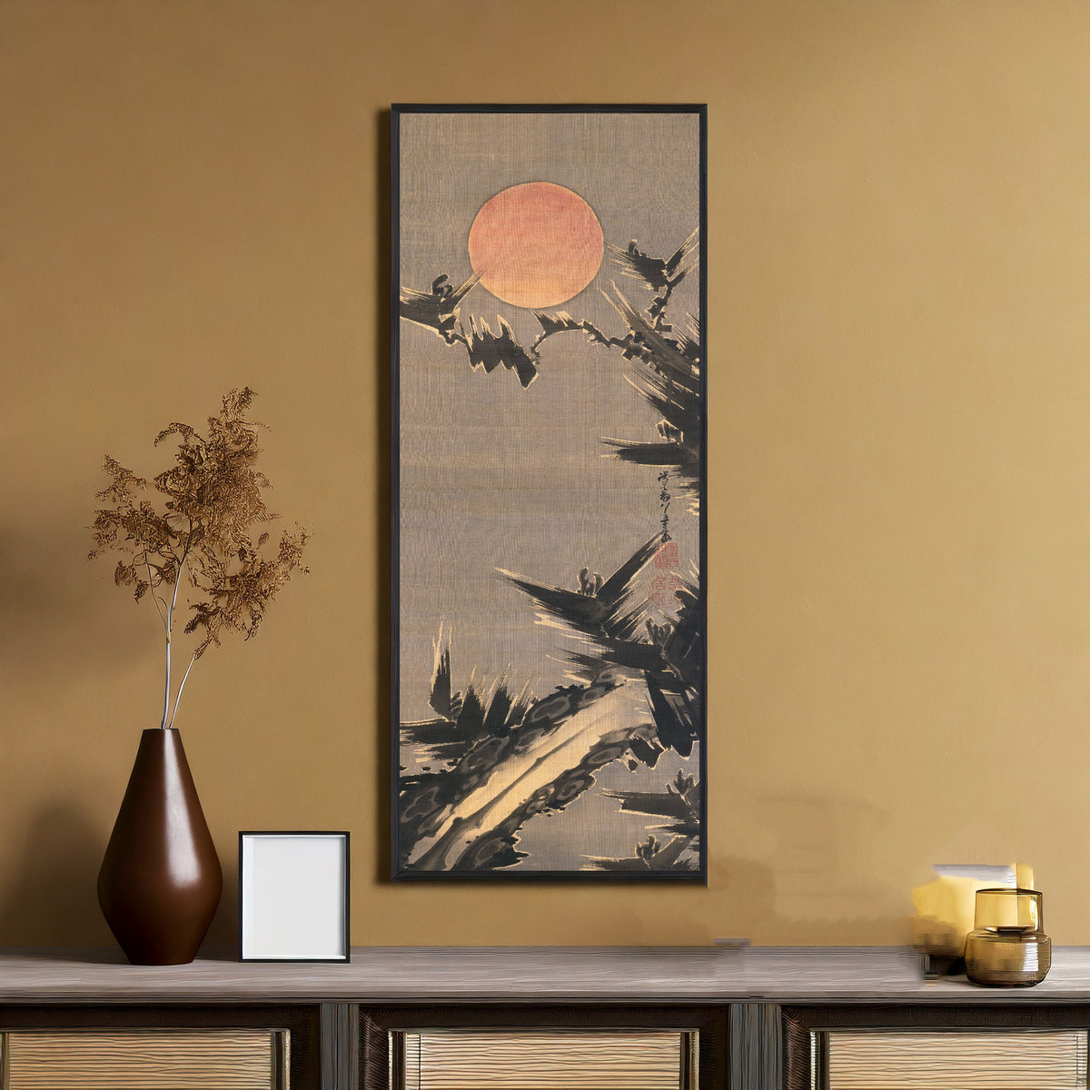 New Year's Sun and Old Pine Tree by Itō Jakuchū — framed on an ochre wall above a console table