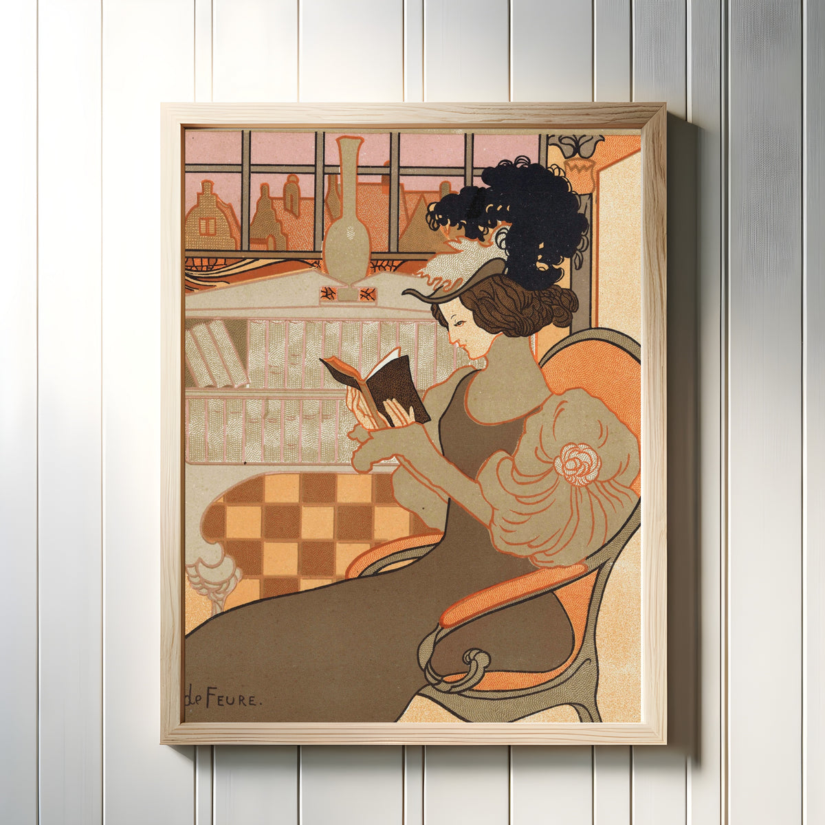 Framed art print of Nieuwjaarswens van Octave Uzanne voor het jaar 1897 by Georges de Feure, in a light wood frame on a white panelled wall