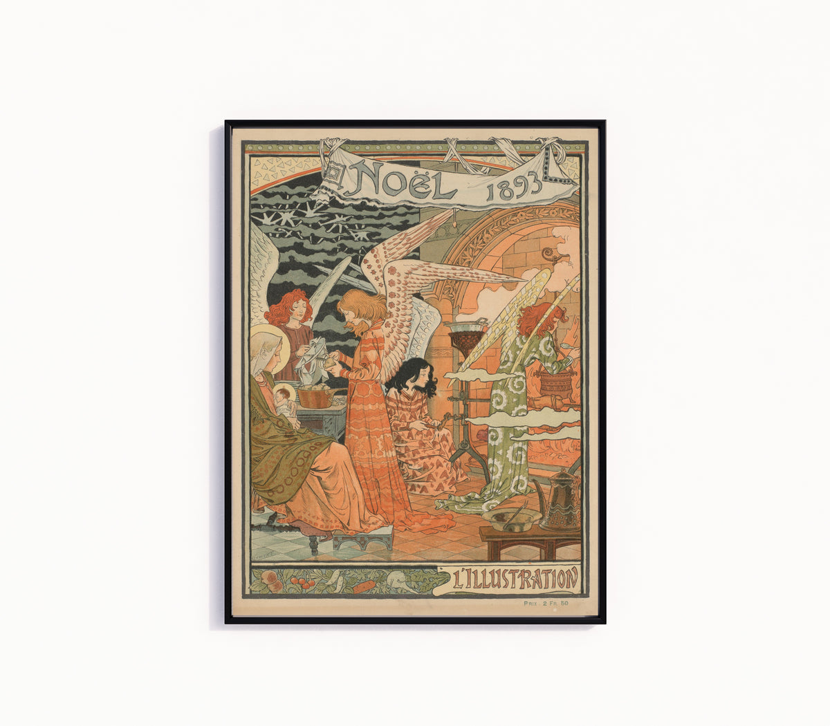 Framed art print of Noël 1893 by Eugène Grasset, in a slim black frame on a plain white wall