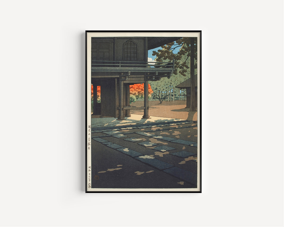 Framed art print of Nobidome Heirin-ji Temple by Kawase Hasui, in a slim black frame on a plain white wall