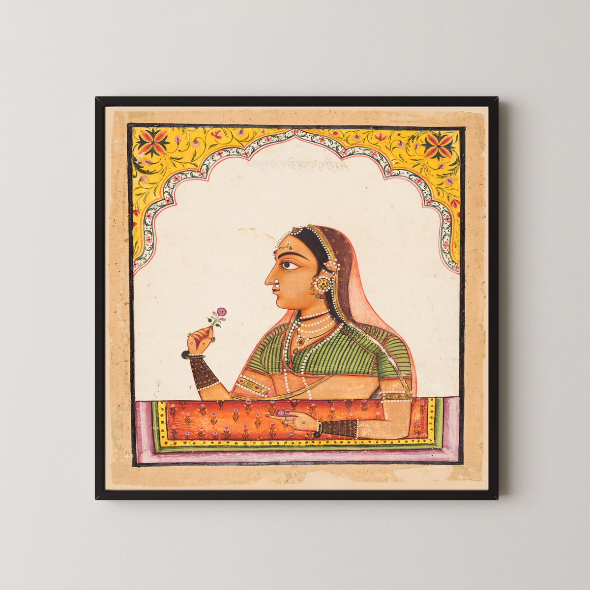 Sawar school — Noblewoman at a Jharokha Window Holding a Rose | Indian Miniature Painting Print