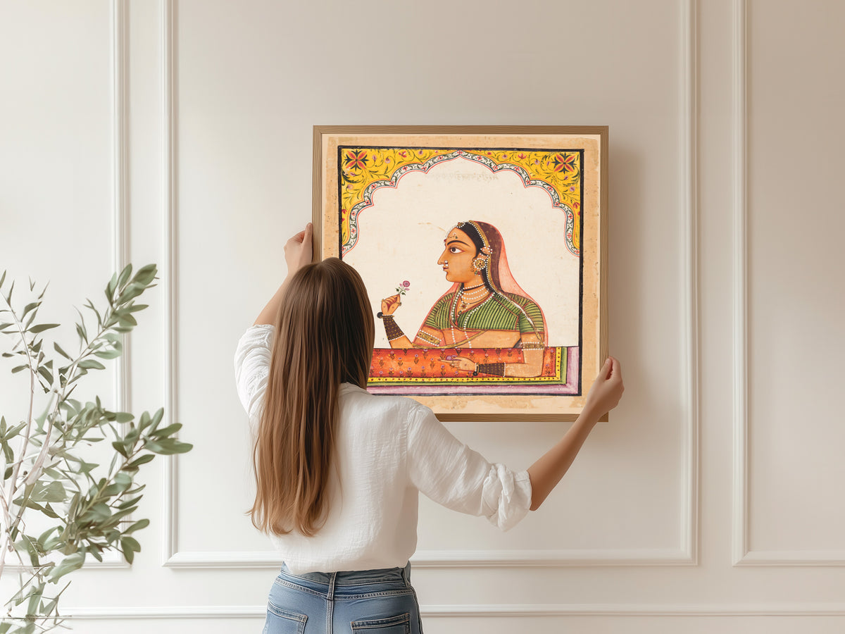 Sawar school — Noblewoman at a Jharokha Window Holding a Rose | Indian Miniature Painting Print
