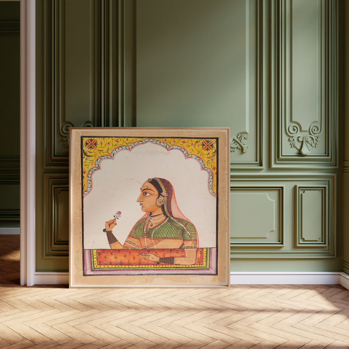 Sawar school — Noblewoman at a Jharokha Window Holding a Rose | Indian Miniature Painting Print