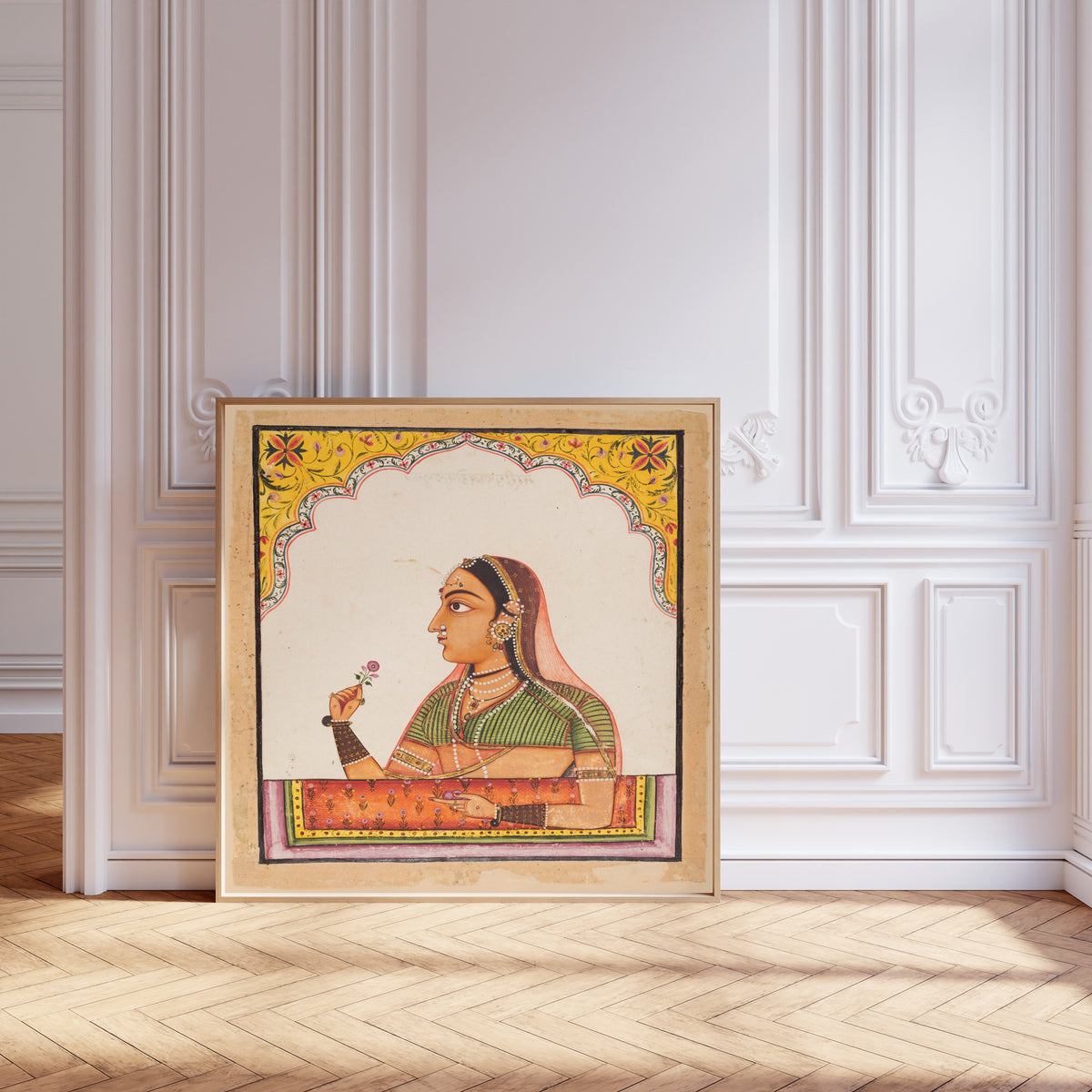 Sawar school — Noblewoman at a Jharokha Window Holding a Rose | Indian Miniature Painting Print
