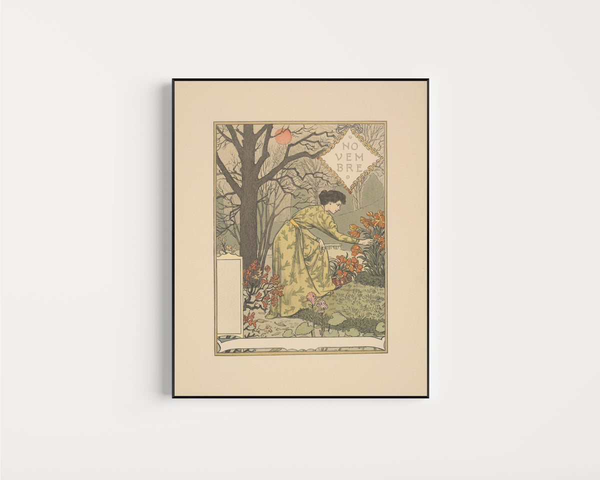 Framed art print of Novembre by Eugène Grasset, in a slim black frame on a plain white wall