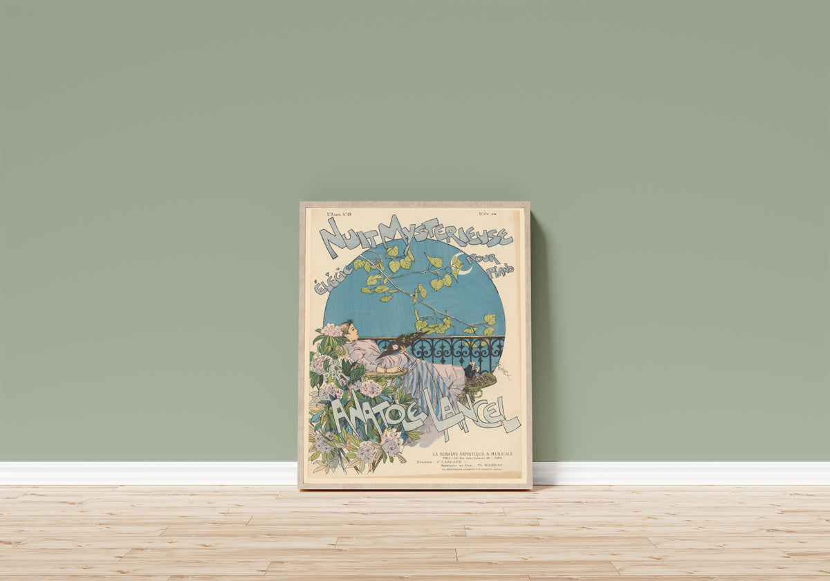 Framed art print of Nuit mystérieuse, élégie pour piano par… by Théophile Steinlen, in a light wood frame leaning on a sage green wall above a wooden floor