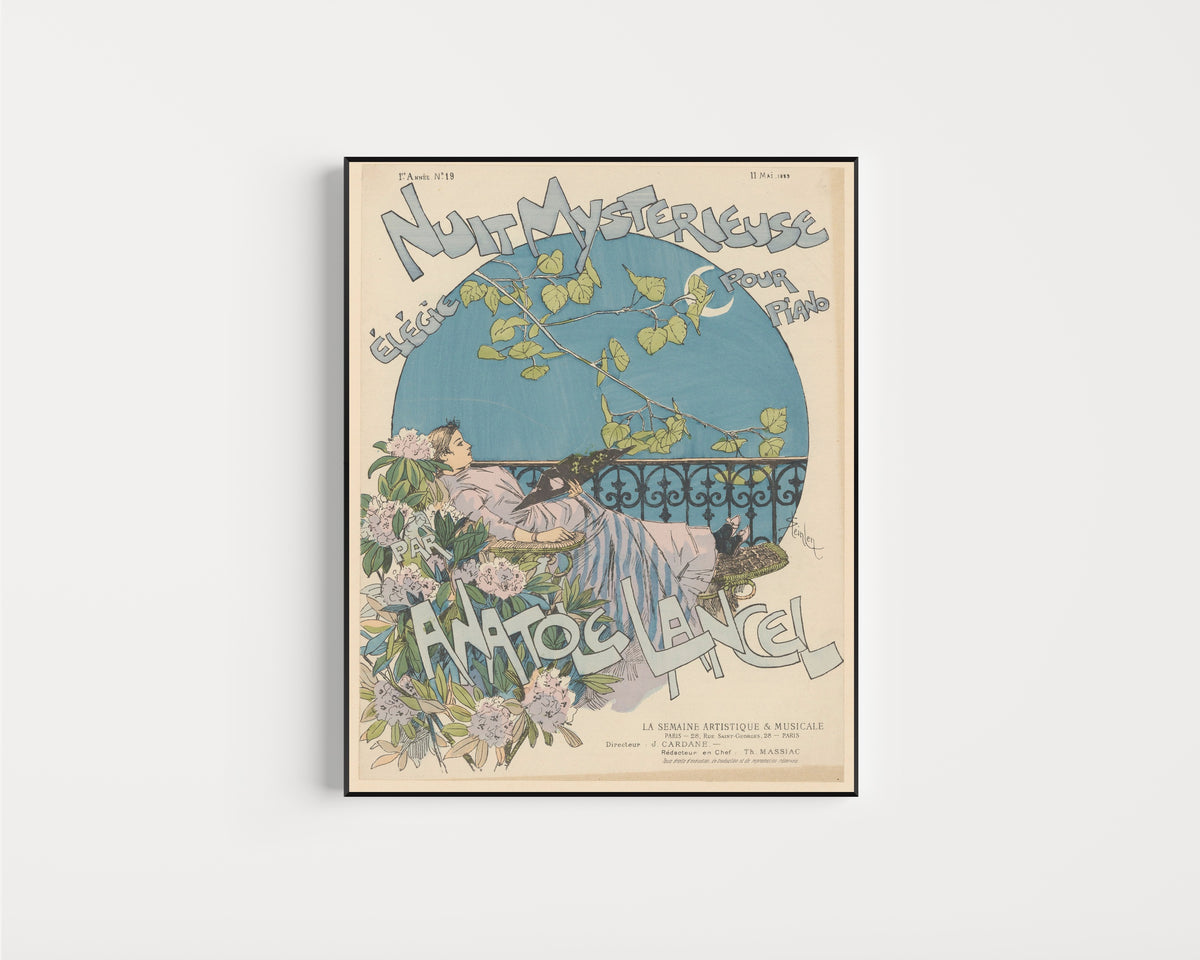 Framed art print of Nuit mystérieuse, élégie pour piano par Anatole Lancel by Théophile Steinlen, in a slim black frame on a plain white wall